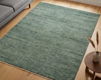 Sage Green Hand Knotted Wool Area Rug | Solid Color Heathered Muted Green Plush Textured Rug | Modern Minimalist Bedroom Living Room Carpet
