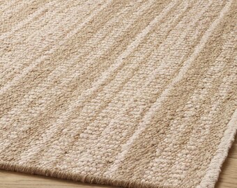 Beige Striped Wool Kilim Rug, Cream Linear Textured Flatweave Area Rug, Modern Japandi & Organic Living Room Carpet, Natural Neutral Rug