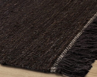 Black Wool Kilim Rug with Fringe – Solid Espresso Dark Flatweave Area Rug for Living Room, Minimalist Neutral Floor Mat