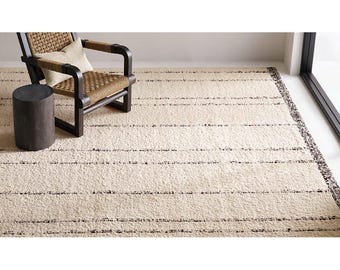 Ivory Vertical Striped Wool Kilim Rug, Cream Charcoal Linear Flatweave Area Rug, Modern Japandi Minimalist Living Room Carpet