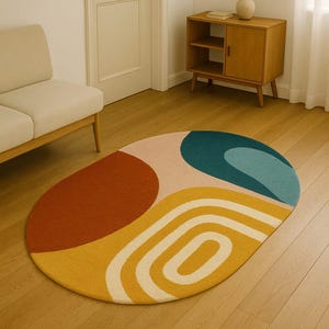 4x6 5x8 Oval Abstract Rug – Hand Tufted Wool Area Rug in Mustard, Rust & Teal – Mid-Century Modern Carpet for Living Room or Entryway