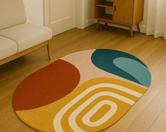 ミッドセンチュリーモダンオーバルラグ：バーントオレンジの幾何学模様
