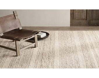 Striped Wool Kilim Rug, Cream Neutral Striped Flatweave Area Rug, Modern Japandi & Coastal Minimalist Living Room Carpet, Textured Ivory Rug
