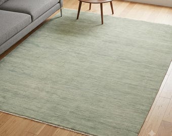 Eucalyptus Green Hand Knotted Wool Area Rug | Solid Heathered Soft Green Plush Textured Rug | Modern Minimalist Bedroom Living Room Carpet