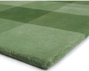 Green Checkered Wool Rug 8x10 5x7 6x9, Hand Tufted Checkerboard Area Rug, Sage Green Gingham Carpet, Large Bedroom Rug, Custom Size