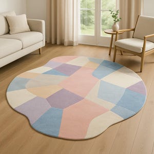 Pastel Puzzle Flow Hand Tufted Wool Rug 4x4 5x5 6x6 7x7 8x8 9x9 10x10 Modern Irregular Area Rug for Living Room Bedroom Aesthetic Home Decor