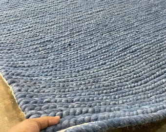 Handwoven Solid Blue Wool Rug: Minimalist Modern Decor