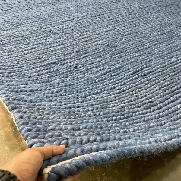 Handwoven Solid Blue Wool Rug: Minimalist Modern Decor