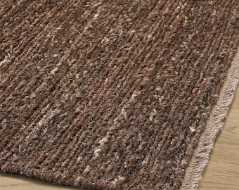 Espresso Dark Brown Wool Kilim Rug, Solid Chocolate Melange Flatweave Area Rug, Modern Japandi & Organic Living Room Carpet