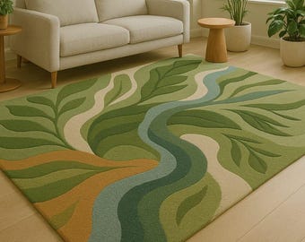 Botanical Leaf Area Rug, Green River Wave Design Carpet, Tufted Nature Inspired Rug, Modern Living Room Decor