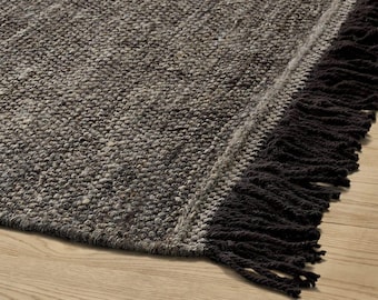 Charcoal Grey Wool Kilim Rug Handwoven Flatweave Area Rug 8x10 5x8 9x12 Modern Boho Fringe Carpet Dark Grey Rustic Farmhouse Bedroom Rug