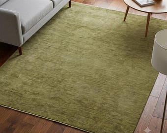 Olive Green Hand Knotted Wool Area Rug | Solid Color Moss Green Plush Textured Rug | Modern Minimalist Bedroom Living Room Carpet