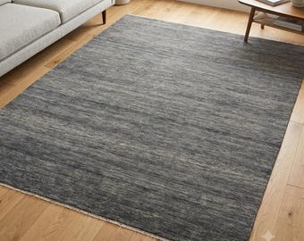 Charcoal Grey Hand Knotted Wool Area Rug | Solid Color Heathered Plush Textured Rug | Modern Minimalist Bedroom Living Room Carpet
