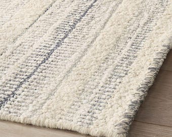 Ivory Grey Wool Kilim Rug, Fine Striped Neutral Flatweave Area Rug, Modern Japandi & Scandinavian Living Room Carpet, Linear Textured Rug