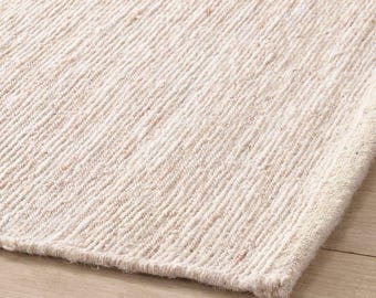 Ivory Cream Wool Loop Area Rug, Soft Blush Beige Flatweave Kilim Carpet, Modern Japandi & Organic Living Room Rug, Textured Neutral Rug