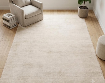 Ivory Cream Hand Knotted Wool Area Rug | Solid Color Natural White Plush Textured Rug | Modern Minimalist Bedroom Living Room Carpet