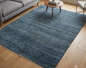 Denim Blue Hand Knotted Wool Area Rug | Solid Color Heathered Steel Blue Plush Textured Rug | Modern Minimalist Bedroom Living Room Carpet