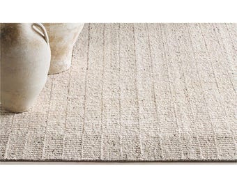 Cream Wool Kilim Rug, Solid Off White Flatweave Area Rug, Modern Japandi & Scandinavian Minimalist Living Room Carpet, Textured Neutral Rug