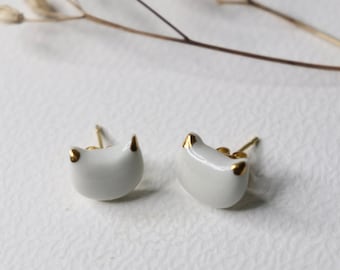 Handcrafted porcelain gold cat head earrings studs
