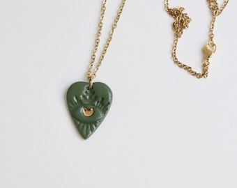 Artisan Porcelain Gold Ceramic Boho Heart Pendant Long Necklace