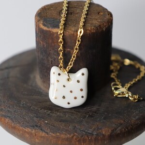 Artisan Porcelain Gold Ceramic Cat Head Pendant Necklace image 1