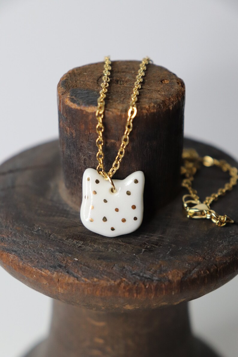 Artisan Porcelain Gold Ceramic Cat Head Pendant Necklace image 1