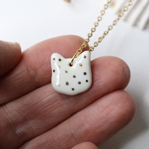 Artisan Porcelain Gold Ceramic Cat Head Pendant Necklace image 2