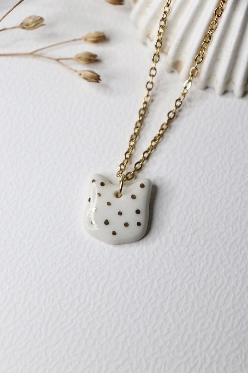 Artisan Porcelain Gold Ceramic Cat Head Pendant Necklace image 3