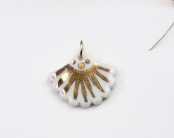 Artisan white porcelain ceramic gold fan charm pendant