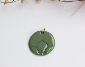 Artisan dark green porcelain ceramic round flower charm pendant