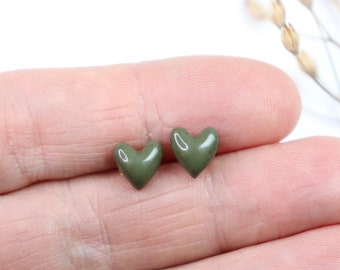 Handcrafted ceramic porcelain mini heart green earrings studs