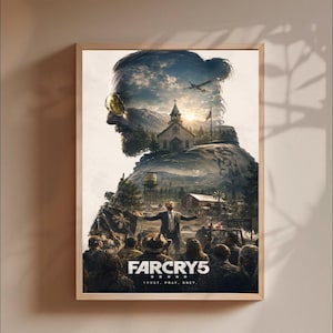 May include: A framed poster for Far Cry 5 featuring a double exposure design. The silhouette of a man with a beard and sunglasses contains a landscape with a church, a plane, and a forest. Below, a man stands before a crowd with the text FAR CRY 5.