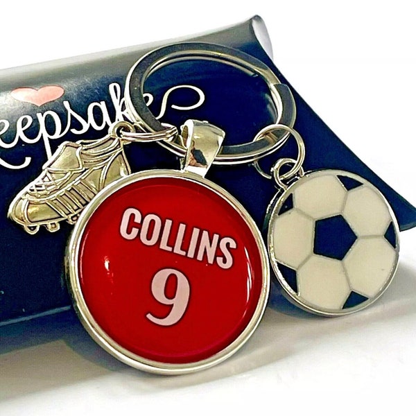 Personalised Football Gift RED Arsenal Liverpool Man United  Keyring Name Number Birthday Present Box