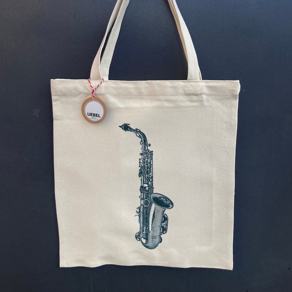 Saxophon Tasche personalisierbar, Sax Stoffbeutel, Altsaxophon Notentasche, Geschenk für Sax Spieler,  Totebag Saxophone Jazz