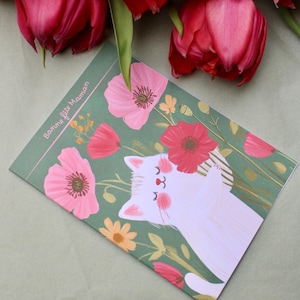 Mother's Day Card - White Cat and Poppies - Poetic Illustration - A6 Size