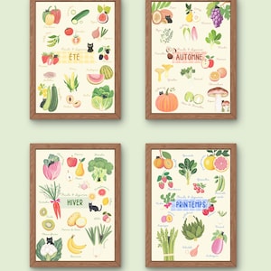Set di 4 poster "Le Verger du chat noir" - Frutta e verdura - Illustrazione in stile erbario con piccolo gatto nero - Decorazione da cucina vintage