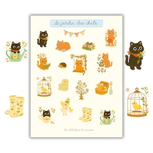 Planche de stickers chats A5 – Scènes de jardin, fleurs, pique-nique | Illustration cosy vintage papeterie bullet journal