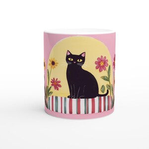 Black cat flower mug – Pink and yellow boho illustrated mug – Original cat lover gift – 325 ml ceramic mug with colorful decoration