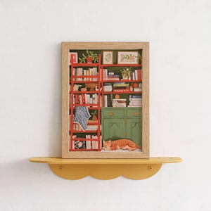 Illustration chat roux bibliothèque | affiche déco lecture cosy | poster cottagecore chat roux | cadeau amoureux des chats et des livres