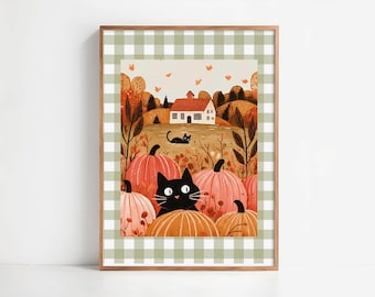 May include: A framed autumn-themed print featuring a black cat among pumpkins. The artwork depicts a rural landscape with a house, trees, and falling leaves. The frame has a green and white checkered pattern.