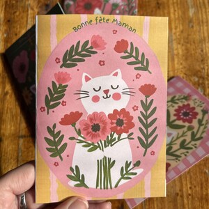 Carte de voeux fête des Mères – Illustration chat et fleurs – Carte A6 pliable - papier premium