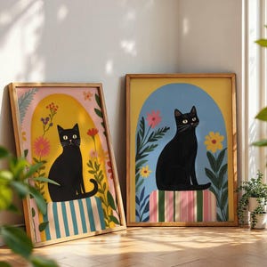 Set de 2 affiches chat noir – illustrations botaniques vintage – déco murale salle de bain ou chambre – art mural félin poétique -