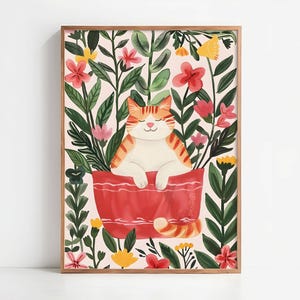 Ginger cat garden art print – Floral wall decor with dreaming cat and cozy nature scene – &quot;Le jardin rêveur du chat roux&quot; - Premium paper