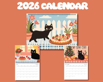 Personalisierter Katzenkalender 2026 – Kalender für Liebhaber schwarzer Katzen – „Die schwarze Katze in der Küche“