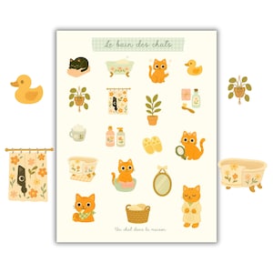 A5 Cat Stickers Sheet – Cute Cozy Bathroom Cats | Vintage Illustration for Journaling, Planner, Scrapbooking, Stationery