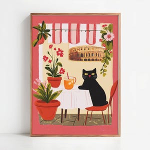 Manifesto di un gatto nero a Roma – illustrazione poetica di una trattoria italiana – arte murale mediterranea d'epoca – decorazione murale di città e viaggi