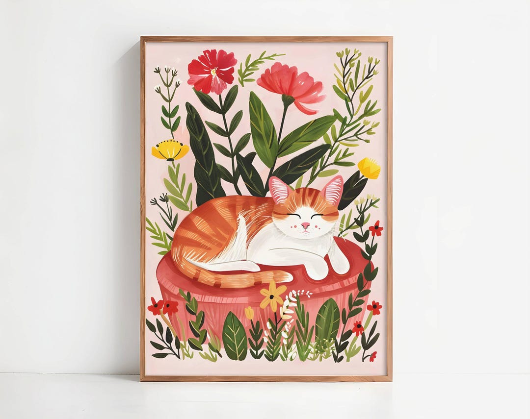 Ginger Cat Garden Art Print – Floral Wall Decor With Dreaming Cat and ...