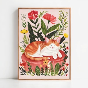 Stampa artistica con gatto rosso in giardino – Decorazione murale floreale con gatto sognante e accogliente scena naturale – “Le jardin rêveur du chat roux” – Carta di alta qualità