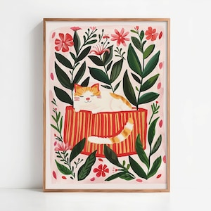 Poster Ingwerkatze zwischen den Blumen - Poster Ingwerkatze im Garten - poetische Wandkunst - Wanddekoration für Schlafzimmer oder Wohnzimmer - Geschenkidee