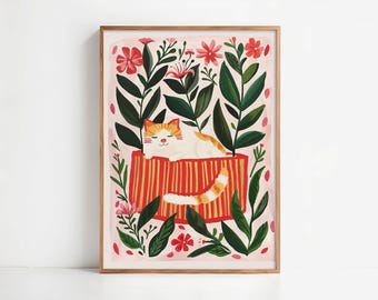 Póster de gato pelirrojo entre flores - Póster de gato pelirrojo en el jardín - Arte mural poético - Decoración de pared para dormitorio o sala de estar - Idea de regalo